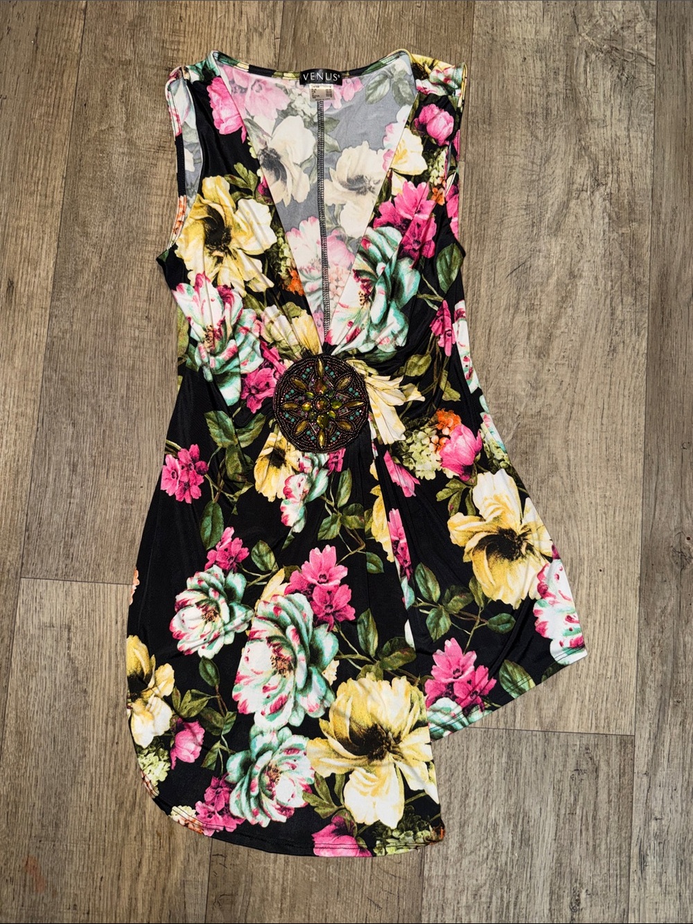 VENUS Black Floral Deep-V Tank with Jeweled Center